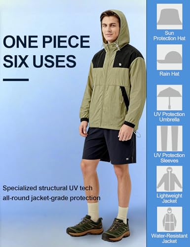 Image of Venzina Men's Slim-Fit Breathable Sun Hoodie -UPF 50+ Ultra-Lightweight Wind-Resistant Jacket with Visor, Color-Block Design, Black Cuffs & Adjustable Hem for Cycling,Commute,Outdoor