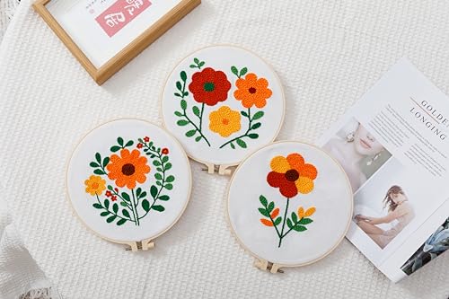 Image of Looples Punch Needle Embroidery Kit for Beginners and Adults with Video Tutorials - DIY Starter Kit with 3 Stamped Floral Patterns, Hoops, Threads, Needles, and Instructions (Punch Needle: Floral)