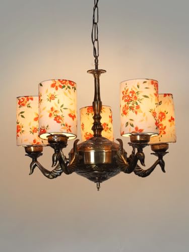 Image of Devansh 05-Light Round Printed Multicolor Cotton Shade Chandelier - Antique Golden Finish | Adjustable Cord | Warm Glow Lamp - Ceiling Light for Living Room, Dining Area, BedroomDecor - D10