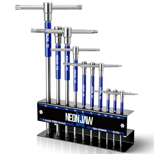 NEONJAW 10pcs T-Handle Torx Allen Key Wrench Set T55 T50 T45 T40 T30 T27 T25 T20 T15 T10 with 3-Way Sliding Handle Spinning Sleeve Steel Storage Rack for DIY Mechanics Blue