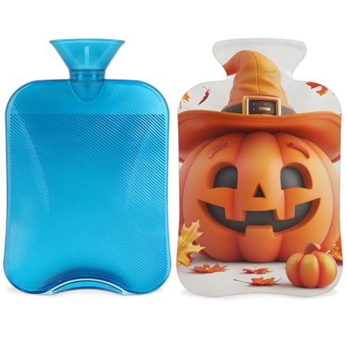 Hot Water Bottle with Soft Cover,2L Fantastic Pumpkin Hot Water Bag for Hot and Cold Compress, Hand Feet Warmer, Retro Pumpkin Rubber Hot or Cold Water Bottle Halloween Christmas Decorations