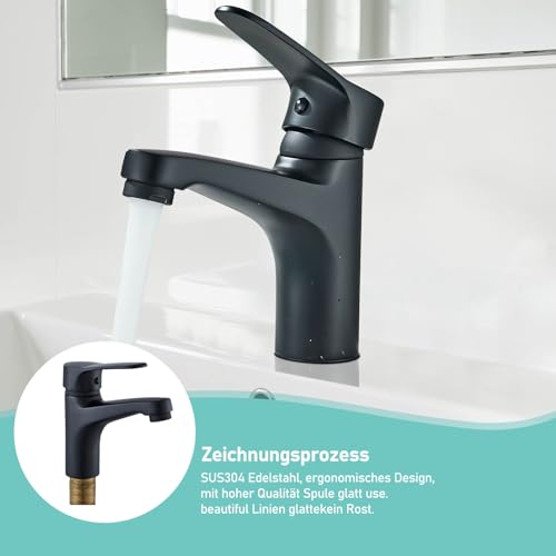 JUNSOTTOR Niederdruck Armatur Bad Schwarz Wasserhahn Einhebelmischer Bad Waschtischarmatur mit Wassersparfunktion Einhebel aus Messing Mischbatterie Kurz, Anti-Fingerprint & Einfache Montage