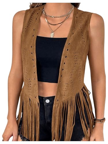 OYOANGLE Women's Plus Size Hollow Out Fringe Vest Jacket Sleeveless Open Front Western Hippie Waistcoat