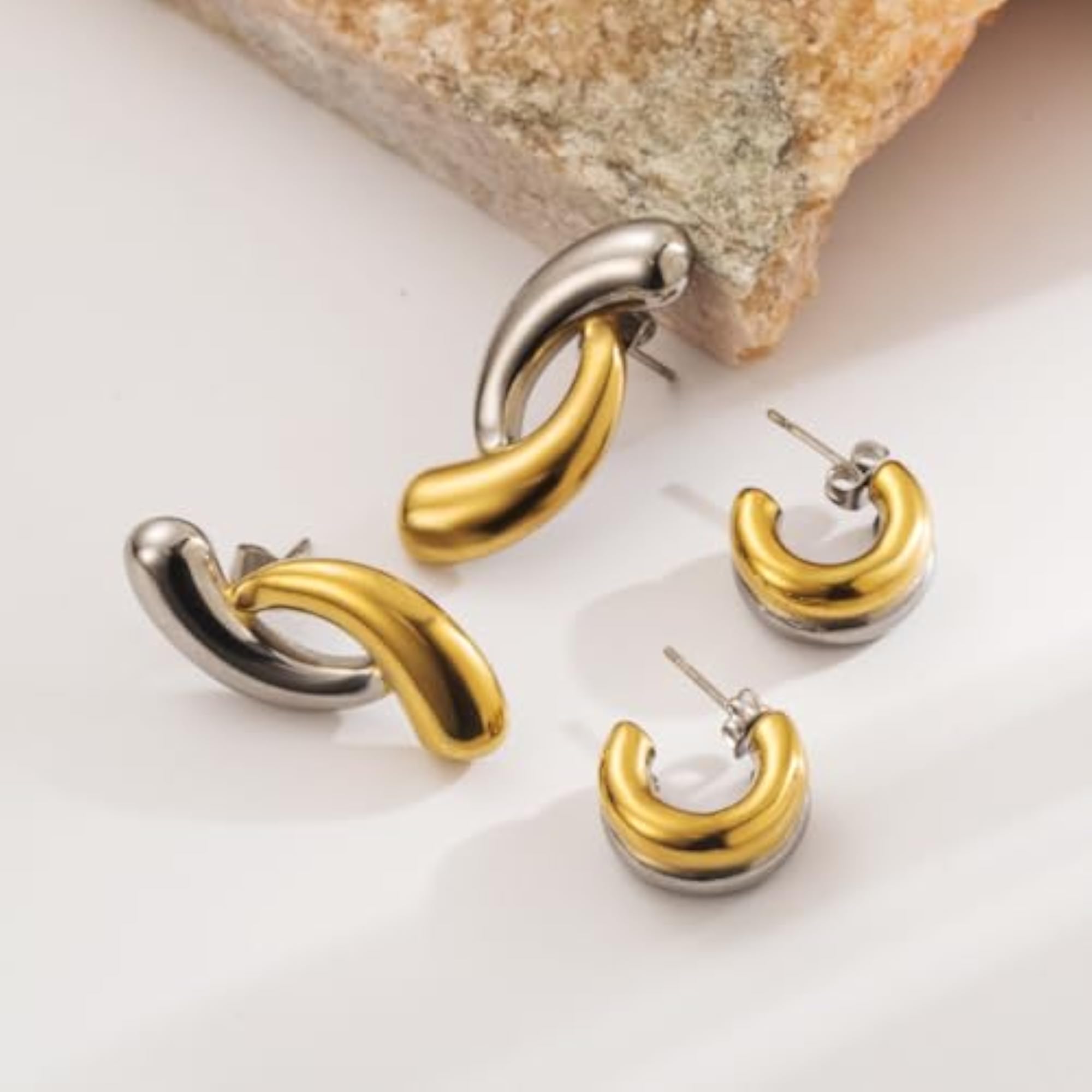 Women's Double Ring Two Color C Shape Stainless Steel Hoop Earrings
