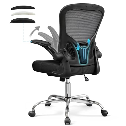 DEVAISE Silla de Oficina Ergonómica con Soporte Lumbar Segmentado, Reposacabezas 3D Ajustable, Reposabrazos Abatibles a 90° y Respaldo de Malla Transpirable – para Oficina o Teletrabajo – Negro