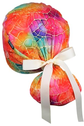 Image of Scrub Cap for Women and Men, Ponytail Scrub Caps, Working Hat, Head Cover with Ribbon Ties and Buttons, Long Hair