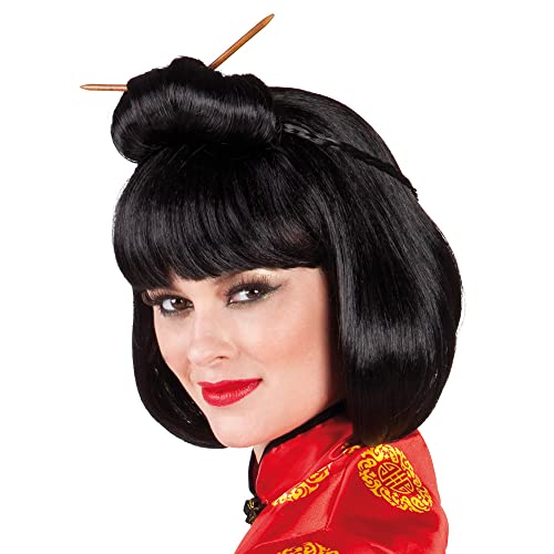 Boland 86417 - Perruque Chinoise pour adultes, cheveux synthétiques noirs avec baguettes, coiffure pour costumes de carnaval, carnaval et fête à thème