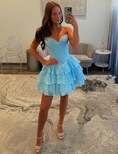 Tiered Ruffle Homecoming Dresses for Teens 2025 Short Strapless Corset Prom Cocktail Dress4