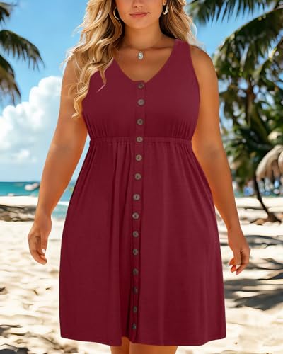 Image of Holipick Women's Plus Size Summer Dresses for Women Casual Dress with Pockets A-Line Swing Button Down Sleeveless V Neck