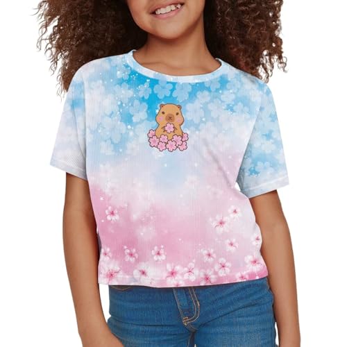 Image of Girls Crop Tees Crew Neck Casual Short Sleeve T Shirts Kids Loose Soft Comfortable Tees Blouses Shirt for Little Girl