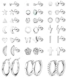 FASACCO Juego de 21 pares de aretes de aro de acero inoxidable de plata para múltiples piercings pequeños y pequeños, aros de acero inoxidable, acero inoxidable