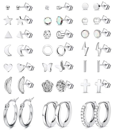FASACCO 21Pairs Stainless Steel Earrings Silver Stud Hoop Earrings Sets for Multiple Piercing Small Tiny Studs Huggie Hoops