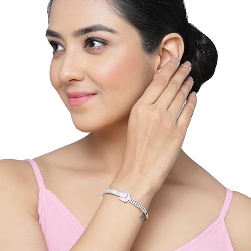 Image of ZENEME Rhodium-Plated Square Shaped American Diamond Studded Kada Bracelet For Girls and Women