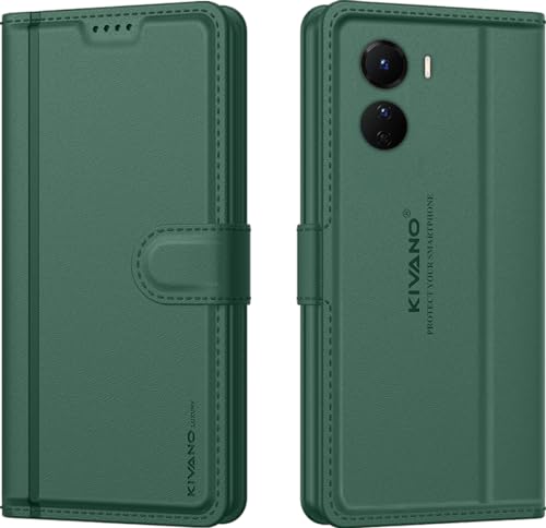 Image of KIVANO LUXE Compatible for Vivo T2x 5G / Vivo Y56 5G / Vivo Y16 4G Luxury Handmade Leather Magnetic Flip Folio Case | Card Holder & Kickstand | Slim Protective Cover | Unisex - Green