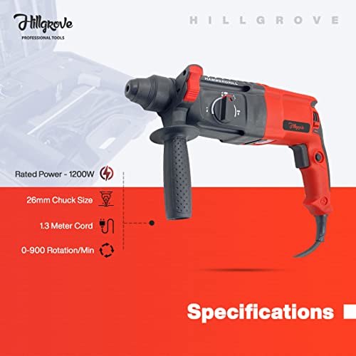 Image of Hillgrove HGHD26RD2 All Purpose 26 millimeters Hammer Impact Drill Machine Forward /Reverse Rotaion with 5 Bits for Making Holes in Metal /Wood /Concrete Hammer Drill (26 millimeters, 1200 W)