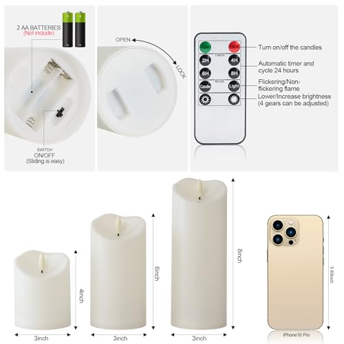 Image of Raycare 3 inchx4 inch6 inch 8 inch Outdoor Waterproof Flameless Candles, Battery Operated LED Candles with Remote Control and Timer, Electric Fake Plastic Pillar Candles, Ivory White, Set of 3
