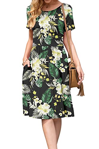 Image of DB MOON Women Summer Casual Short Sleeve Dresses Empire Waist Dress with Pockets