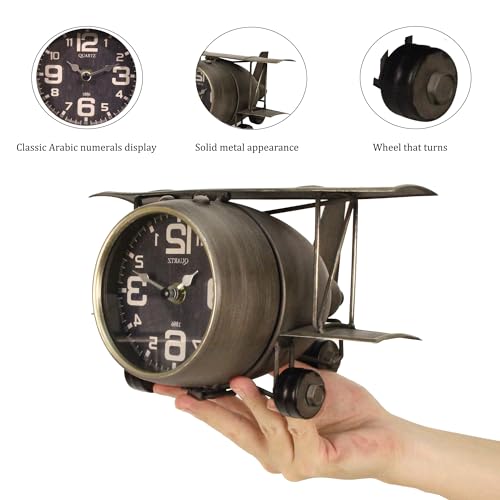 TenFuju Airplane Metal Tabletop Clock Industrial Home Decor Accents for The Mantel, Shelf, Desk, or Any Table Top, Battery Operated No Battery Supplied