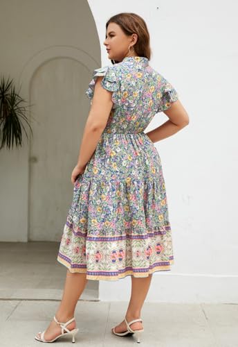 Image of Keluummi Plus Size Midi Dress for Curvy Women Wedding Guest Summer Floral Empire Waist Short Sleeve with Pockets