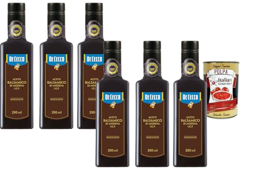De Cecco Aceto Balsamico di Modena IGP 6 x 250 ml, invecchiato, sabor equilibrado para ensaladas, carnes, quesos y adobos + polpa italiana gourmet
