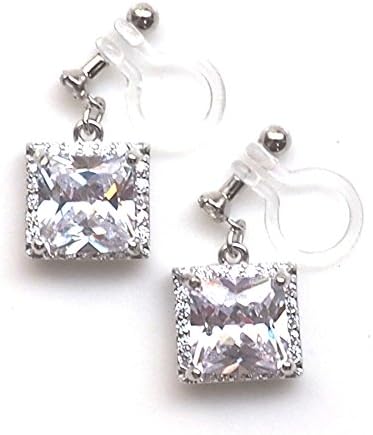 Miyabi Grace Women's Square Wedding Bridal CZ Crystal Cubic Zirconia Invisible Clip On Earrings Silver tone