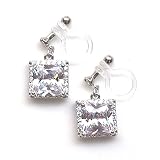Miyabi Grace Women's Square Wedding Bridal CZ Crystal Cubic Zirconia Invisible Clip On Earrings Silv