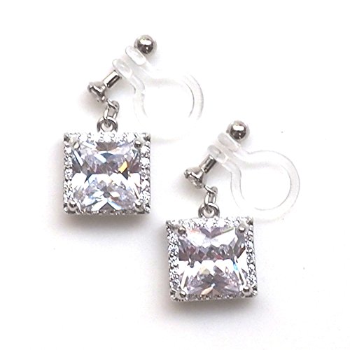 Miyabi Grace Women's Square Wedding Bridal Cz Crystal Cubic Zirconia Invisible Clip On Earrings Silver Tone #TOP5