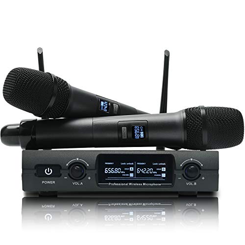 TKOAIY Professional Dual Channel Handheld Wireless Microphone System with 2 microphones，with LCD Display for Family Party, Church, Metting, Singing