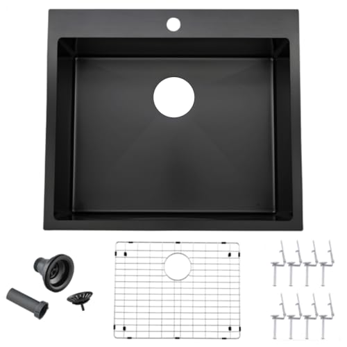 18x18 inch Drop in Bar Sink Black Topmount Stainless Steel Small Kitchen Sink for Laundry Wet Bar Prep RV Office Outdoor Yard with Dish Grid and Basket Strainer