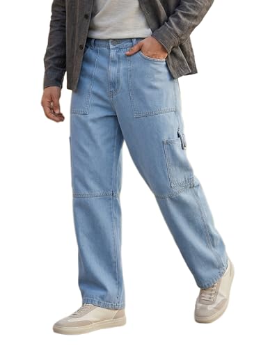 Image of Urbano Fashion Men's Loose Mid Rise Baggy Fit Washed Cargo Jeans with 6 Pockets Non-Stretchable