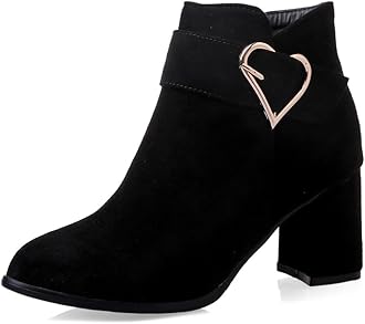 Ladies Ankle Boots - Faux Suede Chunky Block Heeled Ankle Boots for Women | Zip Closure & Buckle Decor