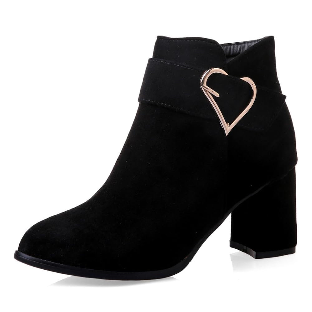 Ladies Ankle Boots - Faux Suede Chunky Block Heeled Ankle Boots for Women | Zip Closure & Buckle Decor
