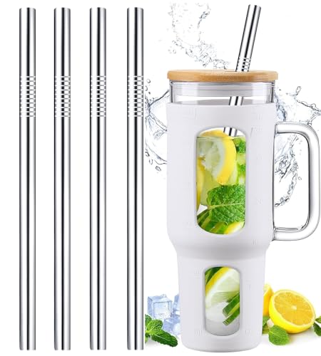 Image of 12 inch Stainless Steel Straws Replacement for Stanley Adventure Quencher 40 oz 30 oz Cup Tumbler, 4 Pack Metal Straws Reusable with Cleaning Brush for Stanley 40 oz & Simple Modern Tumbler with Handle