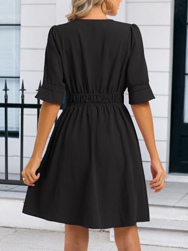 Image of Loemes Womens Casual Work Drop Waist Sunresses Business V Neck Midi Ruffle Sleeve Solid Color Flowy Summer Dress with Pockets