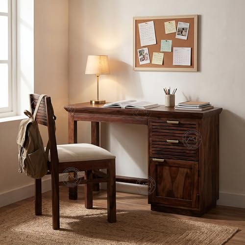 Image of NSH Solid Sheesham Wood Study Table with Chair | Wooden Writing Desk with Drawer & Door Storage | Pre-Assembled Computer Desk Workstation for Home Office & Study Room | Teak Finish