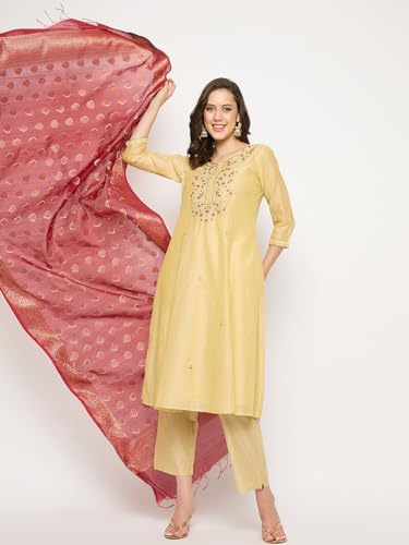 Image of Rangavali Beige Gold Embroidered Festive Anarkali Kurta Set | Chanderi Readymade Outfit Kurti for Womens | Kurti Set for Ladies