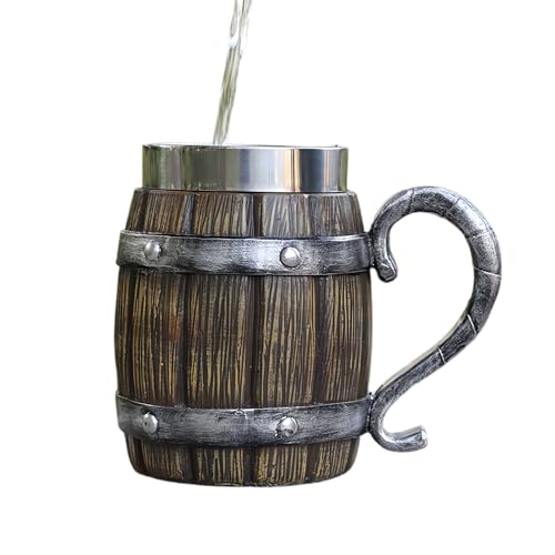 qingshenyi ビールジョッキ マグカップ レトロ風 木製スタイルのビールジョッキ 手作りビールマグ 酒器 バー 家庭用 大容量304ステンレスマグカップ個性的樹脂 クリスマスギフト パーティーデコレーション 紅茶 飲料 カップ 酒器 (600ml)