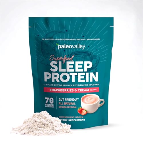 Paleovalley Sleep Drink Superfood Protein Powder Strawberries and Cream Melatonin and Magnesium from Whole-Food 7g Grass-Fed Bone Broth Protein for Nighttime Rest 30 Servings
