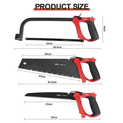 AIRAJ Metallsäge-Set, Bügelsägen mit 9 Austauschbarer Klinge,250MM Astsäge, 300MM Metallsäge und 330 Handsäge,für Metall,Holz,Stahl,PVC-Rohr,Gefrorenem Fleisch,Bügelsäge und Plastik