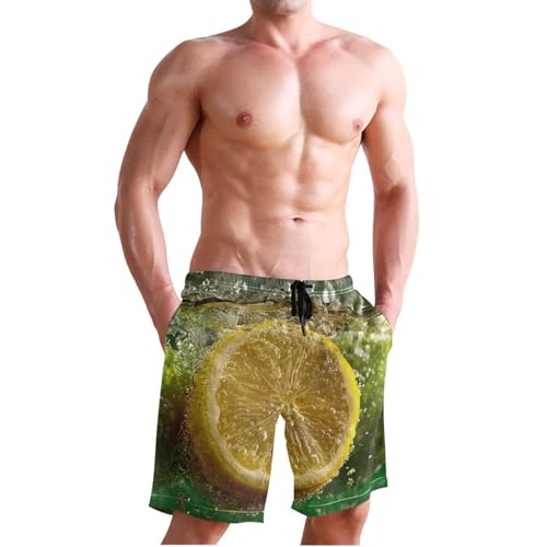 Men's Swim Trunks Lemon Piece Print, Quick Dry Beach Board Shorts with Lining-S3