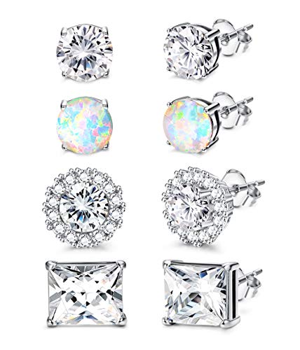 Jstyle 4Pair Stud Earrings for Women White Rose Gold Plated CZ Halo Rectangle Earrings Created Opal CZ Earrings Studs Set Silver Tone