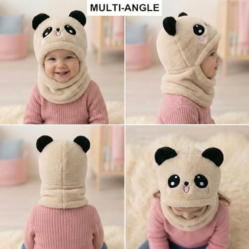 Image of Kraptick Winter Kids Monkey Cap - Cute Panda Plush Balaclava Hat with Neck Warmer Scarf Soft Woolen Fleece Lined Windproof Earflap Hood for Babies -3