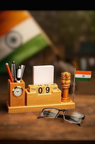 Image of Vrundavan Wood Art Wooden Desk Organizer with Pen Stand, Mobile Holder Flag Ashoka Pillar Clock & Calendar Personalized Office Accessory for IAS Advocates Corporate & Office Gifts Brown