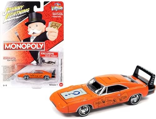 Johnny Lightning 1969 Dodge Charger Daytona Chance Orange with Black Tail Stripe and Graphics with Game Token Monopoly Pop Culture 2022 Release 1 1/64 Diecast Model Car image 4