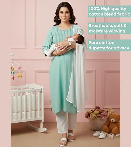 Image of DUMMY SHAPE Pregnancy Dresses for Women Cotton | Floral Maternity Kurta Pant Dupatta Set with Dual Nursing Zippers | Pre & Post Partum | Feeding Kurtis | Baby Shower | Gifts for Pregnant Woman