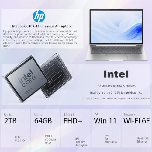 Image of HP Elitebook 640 G11 14 inch FHD+ Intel Core Ultra 7 155U Business AI Laptop | 32GB DDR5, 1TB SSD, Anti-Glare, Wi-Fi 6E, 5MP IR Camera, Backlit KB, Thunderbolt 4, Windows 11 Pro, Bundle w / 7-in-1 Hub