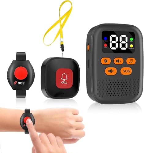 Wireless Personal Alarms for Elderly Call Button for Elderly Wrist Alarm Panic Button Portable Caregiver Pager for Seniors Patients Bracelet Button & Digital Display Receiver