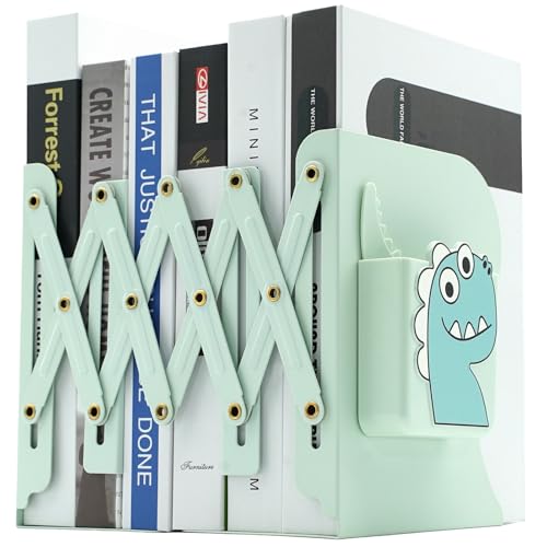 Adjustable Book Ends for Heavy Books, Cute Metal Heavy Duty Bookends for Shelves, Book Organizer for Kids Desk (Green)