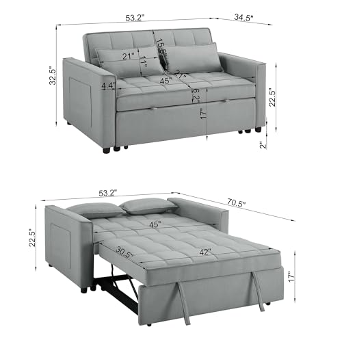 Image of 2-in-1 Convertible Loveseat Sofa Bed with Pull Out Bed and Storage Sectional Counch for Living Room, Apartment, Bedroom, Office, Light Gray