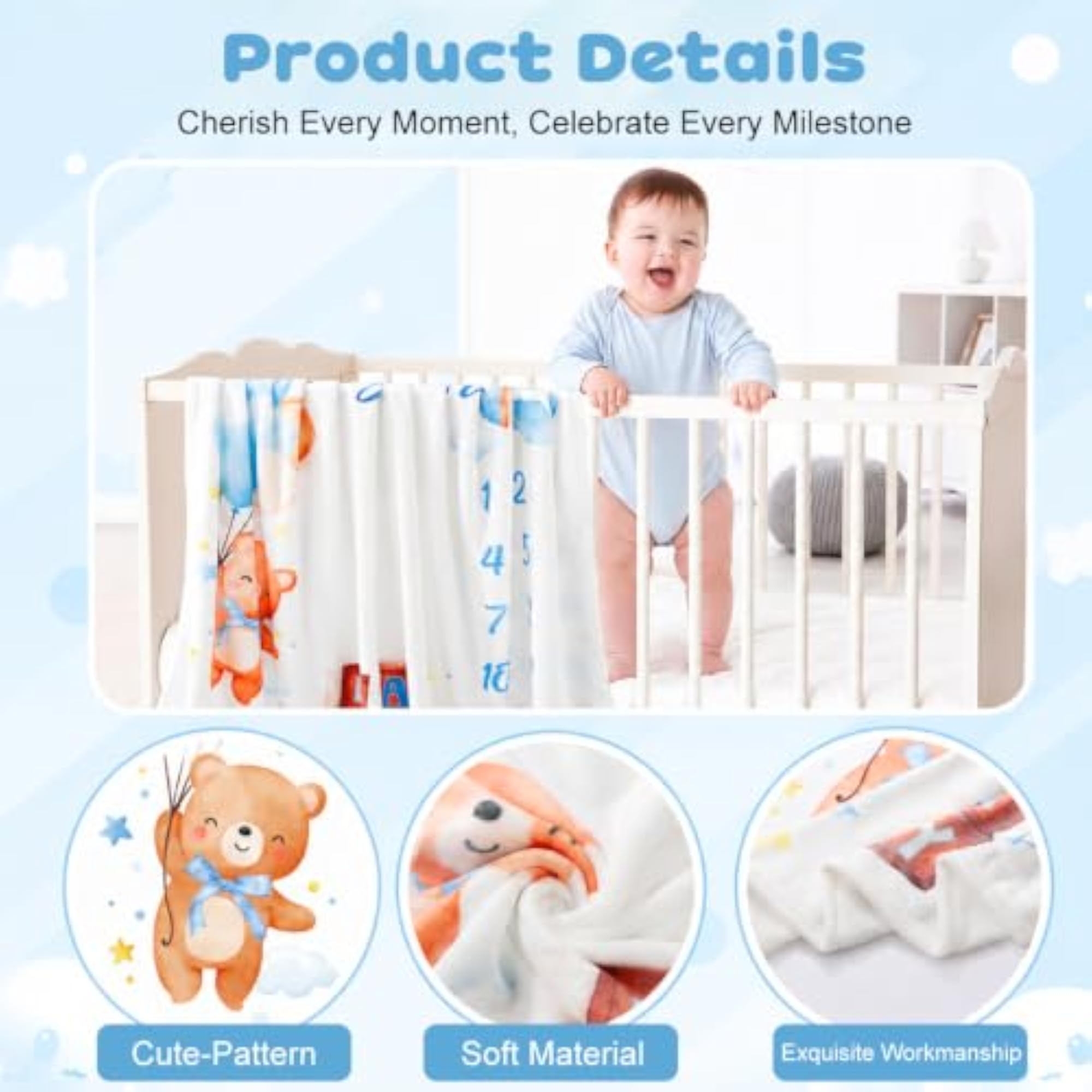 Baby Milestone Blanket with 1-12 Month Markers, Bear Design